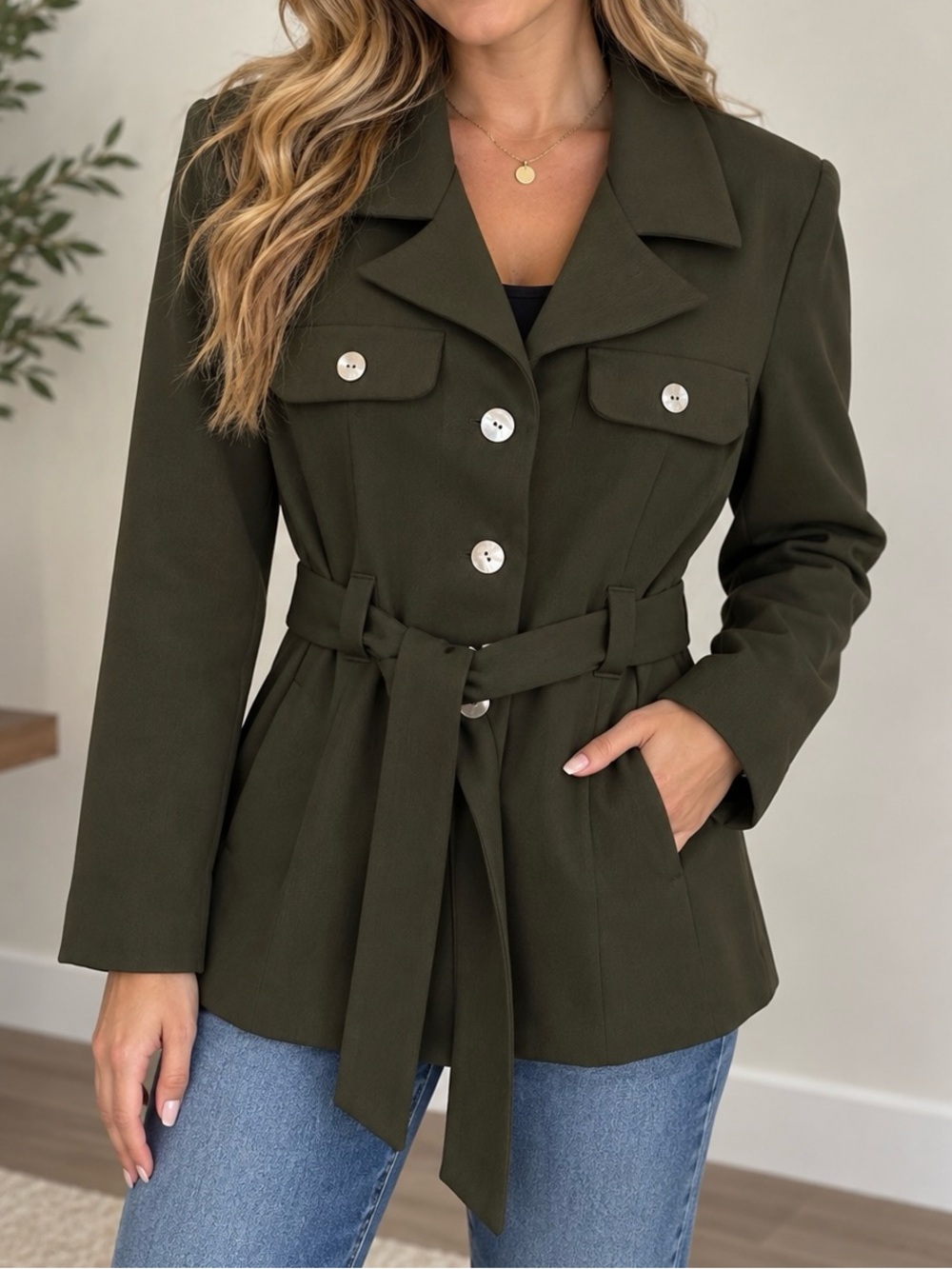 Vintage ECRU Olive Green Belted Jacket Size Medium